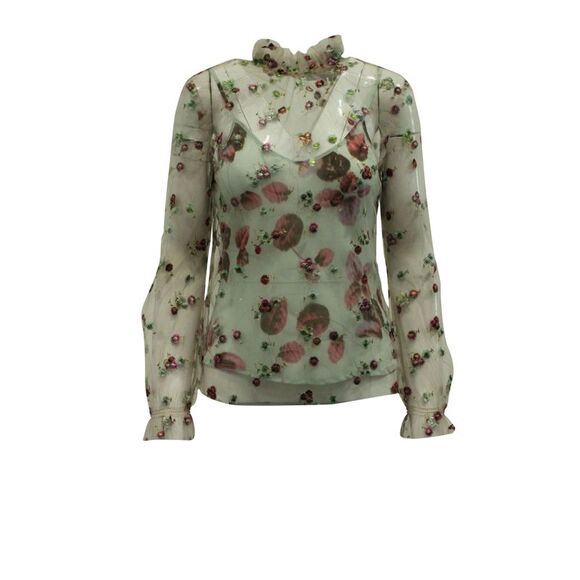 Luisa Beccaria Floral Embroidered Mesh Blouse in Multicolor Polyester